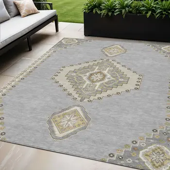 5' X 8' Gray Beige And Ivory Oriental Washable Indoor Outdoor Area Rug