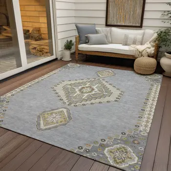 5' X 8' Gray Beige And Ivory Oriental Washable Indoor Outdoor Area Rug