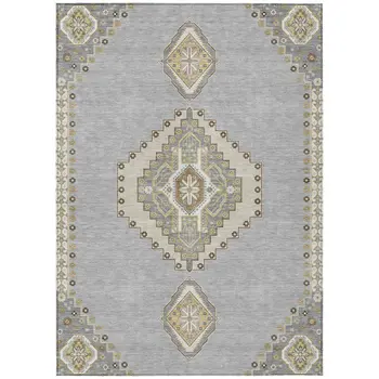 5' X 8' Gray Beige And Ivory Oriental Washable Indoor Outdoor Area Rug