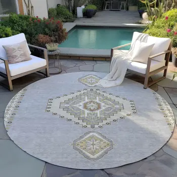 8' Gray Beige And Ivory Round Oriental Washable Indoor Outdoor Area Rug