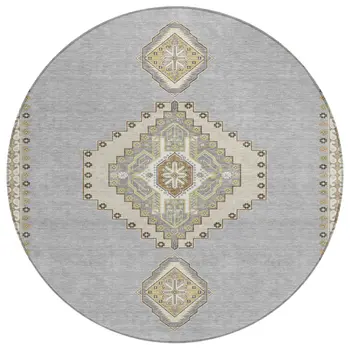 8' Gray Beige And Ivory Round Oriental Washable Indoor Outdoor Area Rug
