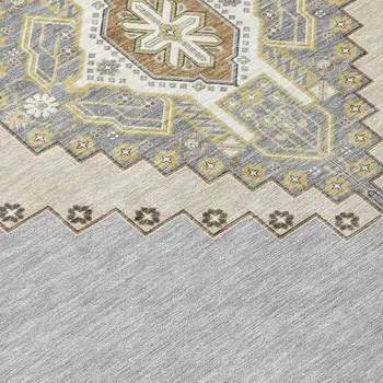 8' Gray Beige And Ivory Round Oriental Washable Indoor Outdoor Area Rug