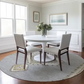 8' Gray Beige And Ivory Round Oriental Washable Indoor Outdoor Area Rug