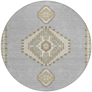 8' Gray Beige And Ivory Round Oriental Washable Indoor Outdoor Area Rug