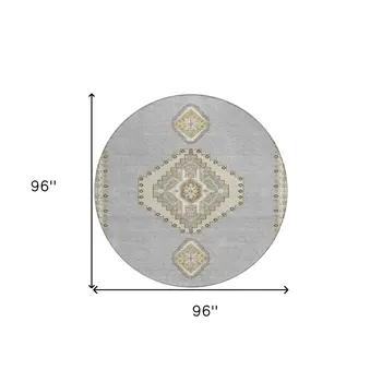 8' Gray Beige And Ivory Round Oriental Washable Indoor Outdoor Area Rug