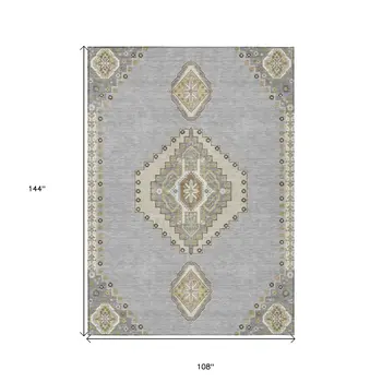 9' X 12' Gray Beige And Ivory Oriental Washable Indoor Outdoor Area Rug