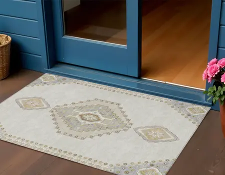 3' X 5' Ivory Gray And Brown Oriental Washable Indoor Outdoor Area Rug