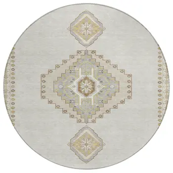 8' Ivory Gray And Brown Round Oriental Washable Indoor Outdoor Area Rug