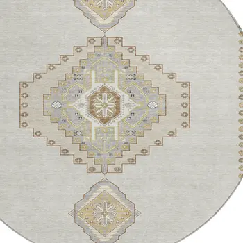 8' Ivory Gray And Brown Round Oriental Washable Indoor Outdoor Area Rug