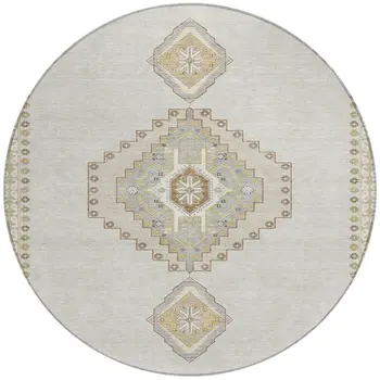 8' Ivory Gray And Brown Round Oriental Washable Indoor Outdoor Area Rug