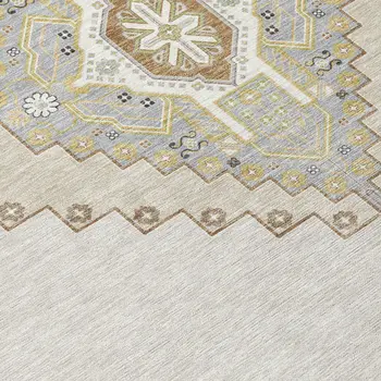 8' Ivory Gray And Brown Round Oriental Washable Indoor Outdoor Area Rug