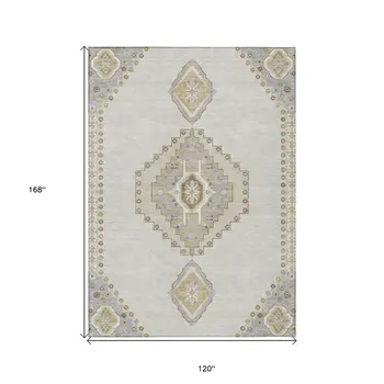 10' X 14' Ivory Gray And Brown Oriental Washable Indoor Outdoor Area Rug