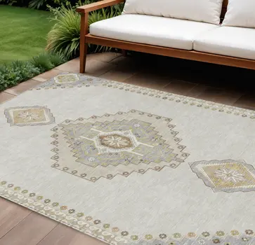 10' X 14' Ivory Gray And Brown Oriental Washable Indoor Outdoor Area Rug