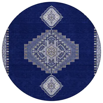 8' Navy Blue Gray And Brown Round Oriental Washable Indoor Outdoor Area Rug