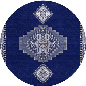 8' Navy Blue Gray And Brown Round Oriental Washable Indoor Outdoor Area Rug