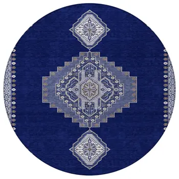8' Navy Blue Gray And Brown Round Oriental Washable Indoor Outdoor Area Rug