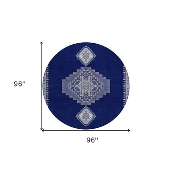 8' Navy Blue Gray And Brown Round Oriental Washable Indoor Outdoor Area Rug