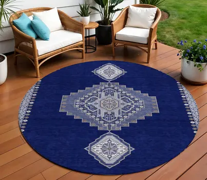 8' Navy Blue Gray And Brown Round Oriental Washable Indoor Outdoor Area Rug
