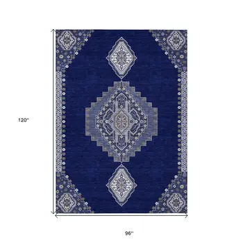 8' X 10' Navy Blue Gray And Brown Oriental Washable Indoor Outdoor Area Rug