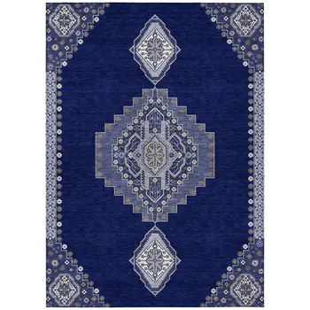 8' X 10' Navy Blue Gray And Brown Oriental Washable Indoor Outdoor Area Rug