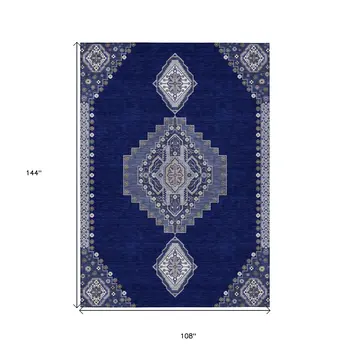 9' X 12' Navy Blue Gray And Brown Oriental Washable Indoor Outdoor Area Rug