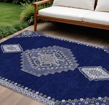 10' X 14' Navy Blue Gray And Brown Oriental Washable Indoor Outdoor Area Rug