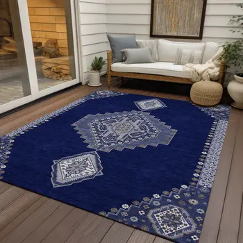 10' X 14' Navy Blue Gray And Brown Oriental Washable Indoor Outdoor Area Rug