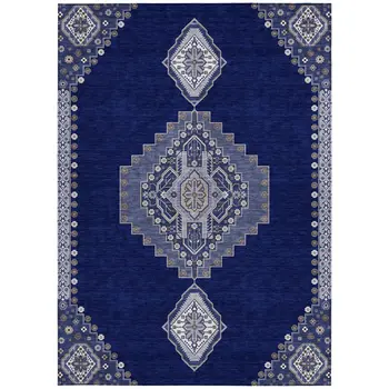 10' X 14' Navy Blue Gray And Brown Oriental Washable Indoor Outdoor Area Rug