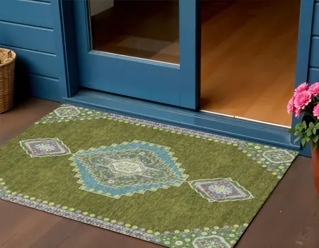 3' X 5' Olive Green Pink And Ivory Oriental Washable Indoor Outdoor Area Rug