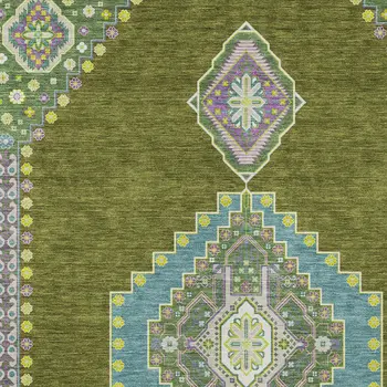 3' X 5' Olive Green Pink And Ivory Oriental Washable Indoor Outdoor Area Rug