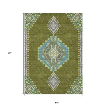 5' X 8' Olive Green Pink And Ivory Oriental Washable Indoor Outdoor Area Rug