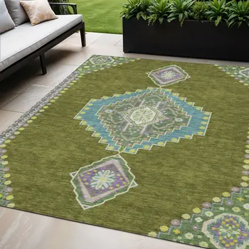 5' X 8' Olive Green Pink And Ivory Oriental Washable Indoor Outdoor Area Rug