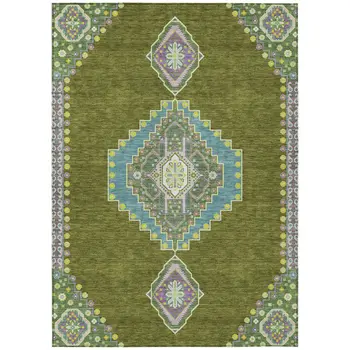 5' X 8' Olive Green Pink And Ivory Oriental Washable Indoor Outdoor Area Rug