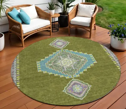 8' Olive Green Pink And Ivory Round Oriental Washable Indoor Outdoor Area Rug