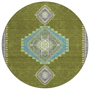 8' Olive Green Pink And Ivory Round Oriental Washable Indoor Outdoor Area Rug