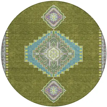 8' Olive Green Pink And Ivory Round Oriental Washable Indoor Outdoor Area Rug