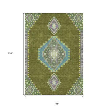 8' X 10' Olive Green Pink And Ivory Oriental Washable Indoor Outdoor Area Rug