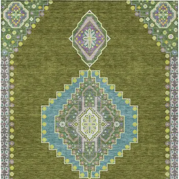 8' X 10' Olive Green Pink And Ivory Oriental Washable Indoor Outdoor Area Rug