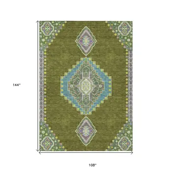 9' X 12' Olive Green Pink And Ivory Oriental Washable Indoor Outdoor Area Rug
