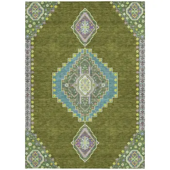 9' X 12' Olive Green Pink And Ivory Oriental Washable Indoor Outdoor Area Rug