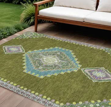 10' X 14' Olive Green Pink And Ivory Oriental Washable Indoor Outdoor Area Rug