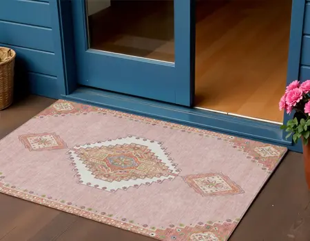 3' X 5' Pink Green And Ivory Oriental Washable Indoor Outdoor Area Rug
