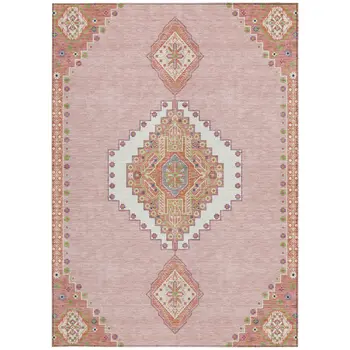 3' X 5' Pink Green And Ivory Oriental Washable Indoor Outdoor Area Rug