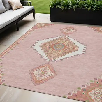 5' X 8' Pink Green And Ivory Oriental Washable Indoor Outdoor Area Rug
