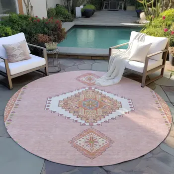 8' Pink Green And Ivory Round Oriental Washable Indoor Outdoor Area Rug
