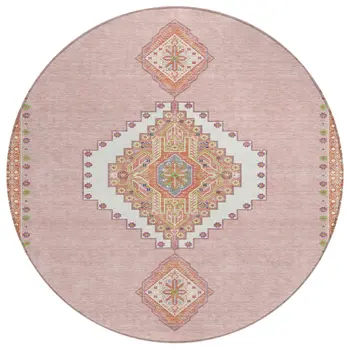 8' Pink Green And Ivory Round Oriental Washable Indoor Outdoor Area Rug