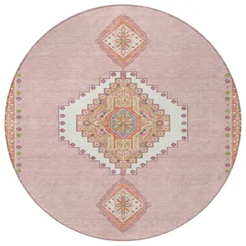 8' Pink Green And Ivory Round Oriental Washable Indoor Outdoor Area Rug