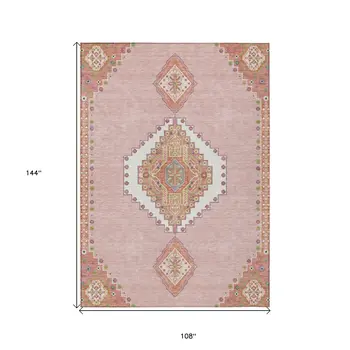 9' X 12' Pink Green And Ivory Oriental Washable Indoor Outdoor Area Rug