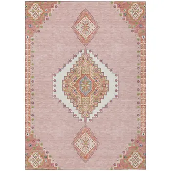 9' X 12' Pink Green And Ivory Oriental Washable Indoor Outdoor Area Rug