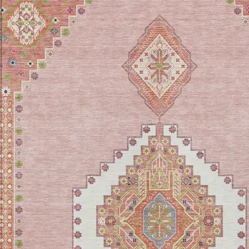 9' X 12' Pink Green And Ivory Oriental Washable Indoor Outdoor Area Rug